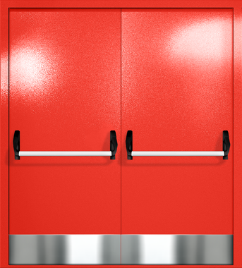 Двупольная глухая дверь ei-60 с отбойниками и ручками «антипаника» (цвет красный RAL 3020) Двупольная глухая дверь ei-60 с отбойниками и ручками «антипаника» (цвет красный RAL 3020)