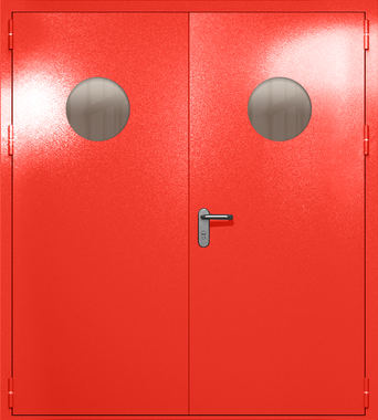 Двупольная дверь ei-60 с круглыми стеклами (цвет красный RAL 3020) Двупольная дверь ei-60 с круглыми стеклами (цвет красный RAL 3020)