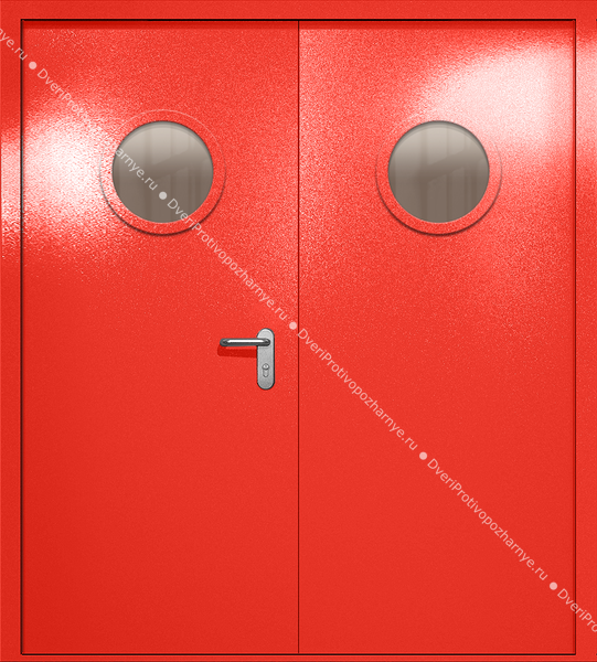 Двупольная дверь ei-60 с круглыми стеклами (цвет красный RAL 3020)