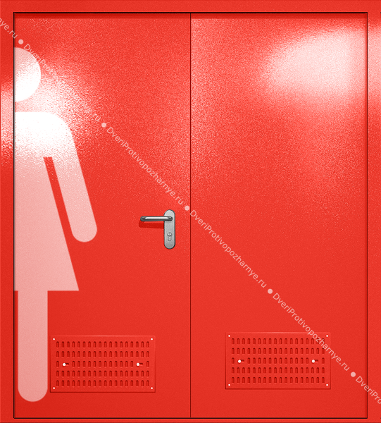 Двупольная глухая дверь ei-60 с обозначением санузла и вентиляцией (цвет красный RAL 3020)