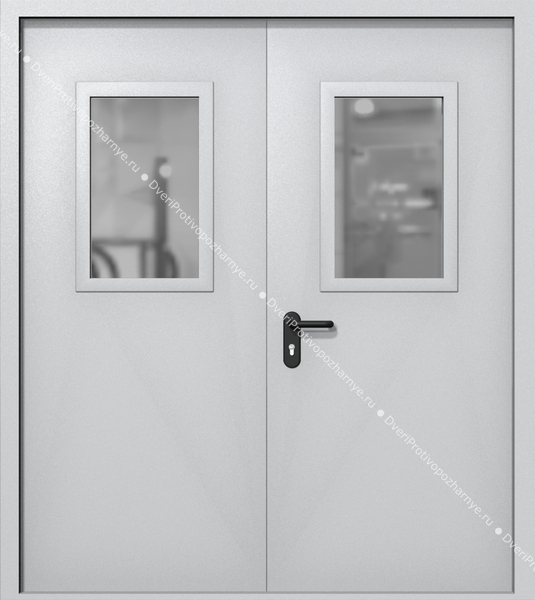 Двупольная дверь ei-60 со стеклами 600x400 (цвет светло-серый RAL 7047)