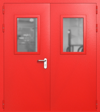 Двупольная дверь ei-60 со стеклами 600x400 и ручками хром (цвет красный RAL 3020) Двупольная дверь ei-60 со стеклами 600x400 и ручками хром (цвет красный RAL 3020)
