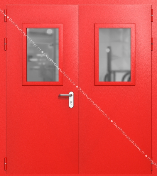 Двупольная дверь ei-60 со стеклами 600x400 и ручками хром (цвет красный RAL 3020) Двупольная дверь ei-60 со стеклами 600x400 и ручками хром (цвет красный RAL 3020)