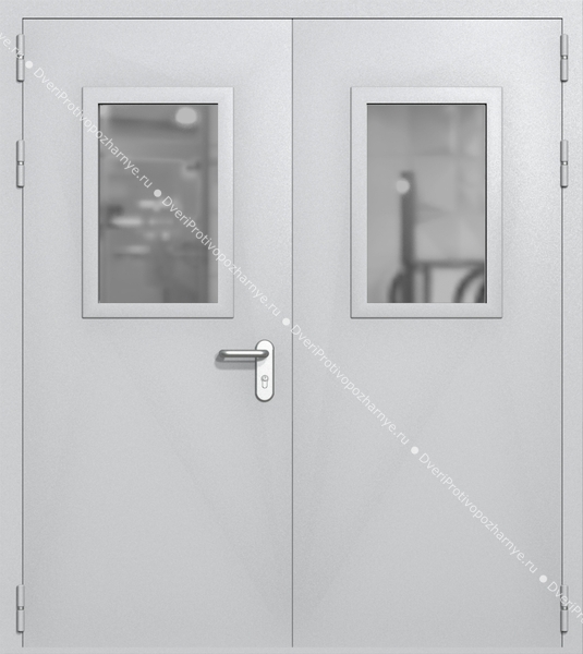 Двупольная дверь ei-60 со стеклами 600x400 и ручками хром (цвет светло-серый RAL 7047) Двупольная дверь ei-60 со стеклами 600x400 и ручками хром (цвет светло-серый RAL 7047)