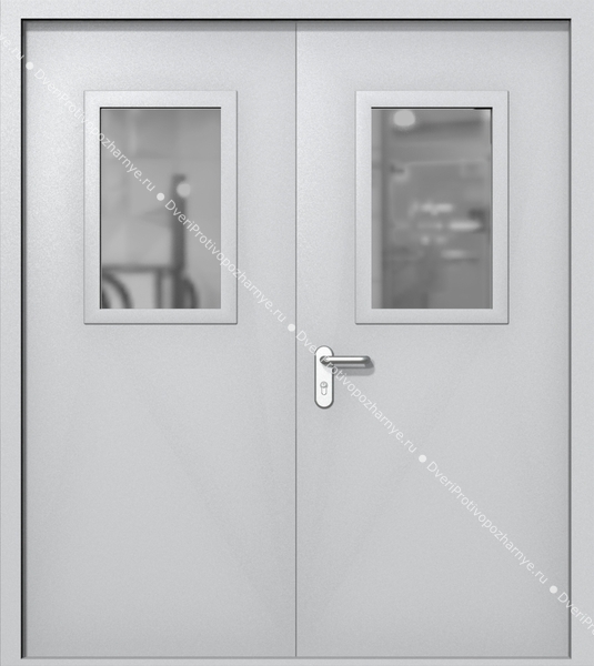 Двупольная дверь ei-60 со стеклами 600x400 и ручками хром (цвет светло-серый RAL 7047) Двупольная дверь ei-60 со стеклами 600x400 и ручками хром (цвет светло-серый RAL 7047)