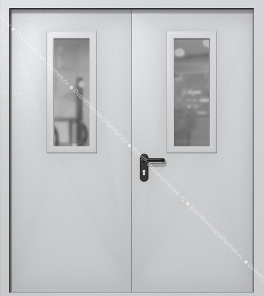 Двупольная дверь ei-60 со стеклами 700x300 (цвет светло-серый RAL 7047)