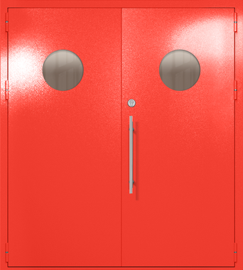 Двупольная техническая дверь с круглыми стеклами (цвет красный RAL 3020) Двупольная техническая дверь с круглыми стеклами (цвет красный RAL 3020)
