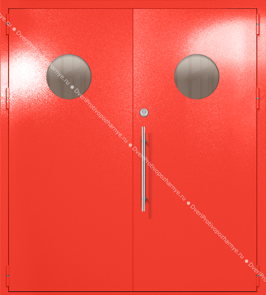 Двупольная техническая дверь с круглыми стеклами (цвет красный RAL 3020) Двупольная техническая дверь с круглыми стеклами (цвет красный RAL 3020)