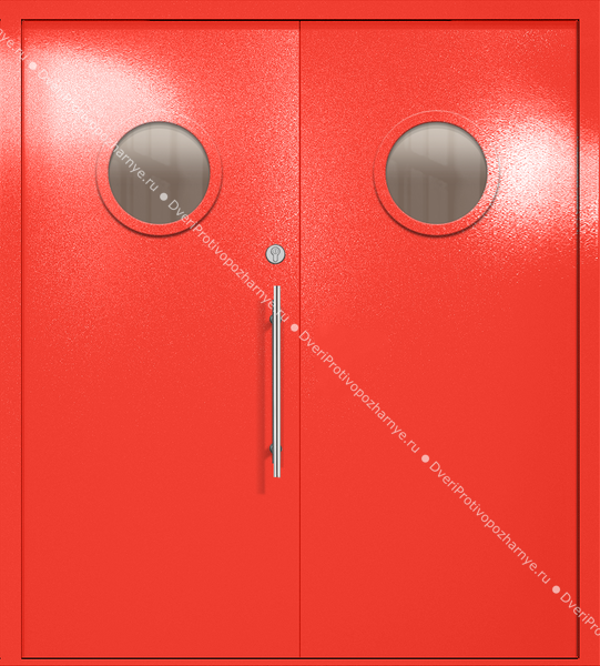 Двупольная техническая дверь с круглыми стеклами (цвет красный RAL 3020) Двупольная техническая дверь с круглыми стеклами (цвет красный RAL 3020)