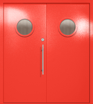 Двупольная техническая дверь с круглыми стеклами (цвет красный RAL 3020)