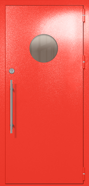 Однопольная техническая дверь с круглым стеклом (цвет красный RAL 3020) Однопольная техническая дверь с круглым стеклом (цвет красный RAL 3020)