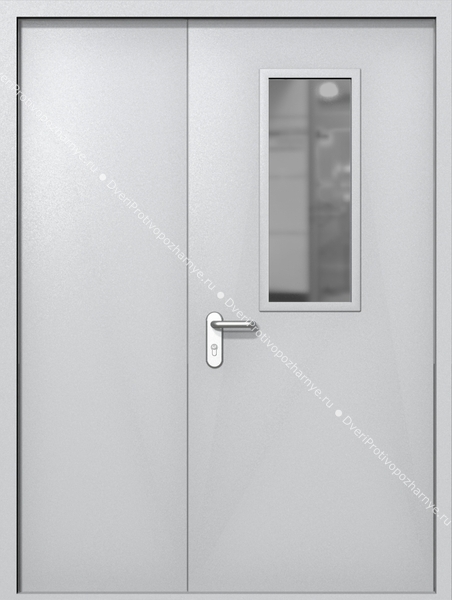 Полуторапольная дверь ei-60 со стеклом 700x300 и ручками хром (цвет светло-серый RAL 7047)