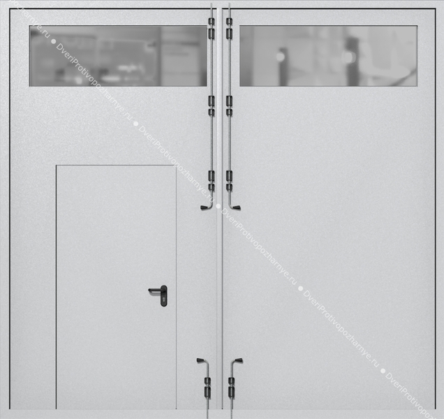 Распашные крупногабаритные ворота ei-60 с остеклением и калиткой (цвет светло-серый RAL 7047) Распашные крупногабаритные ворота ei-60 с остеклением и калиткой (цвет светло-серый RAL 7047)