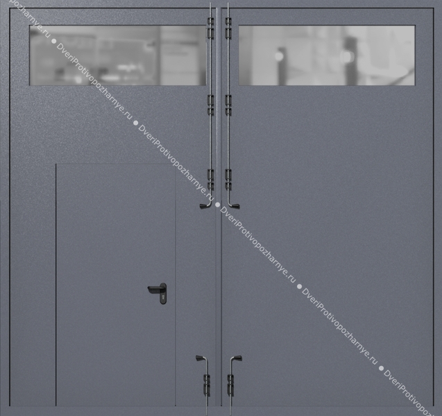 Распашные крупногабаритные ворота ei-60 с остеклением и калиткой (цвет темно-серый RAL 7015) Распашные крупногабаритные ворота ei-60 с остеклением и калиткой (цвет темно-серый RAL 7015)